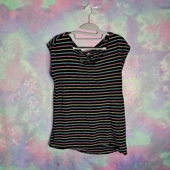 H&M Women's Black Pink Blue & Yellow Striped Short Sleeve Top Size S - Picture 3 of 9